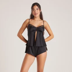 Bow Cami Pyjamatop i Satin - Sort