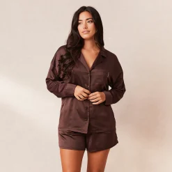 Classic Satin Pyjama Skjorte - Chokolade