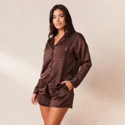 Classic Satin Pyjama Skjorte - Chokolade