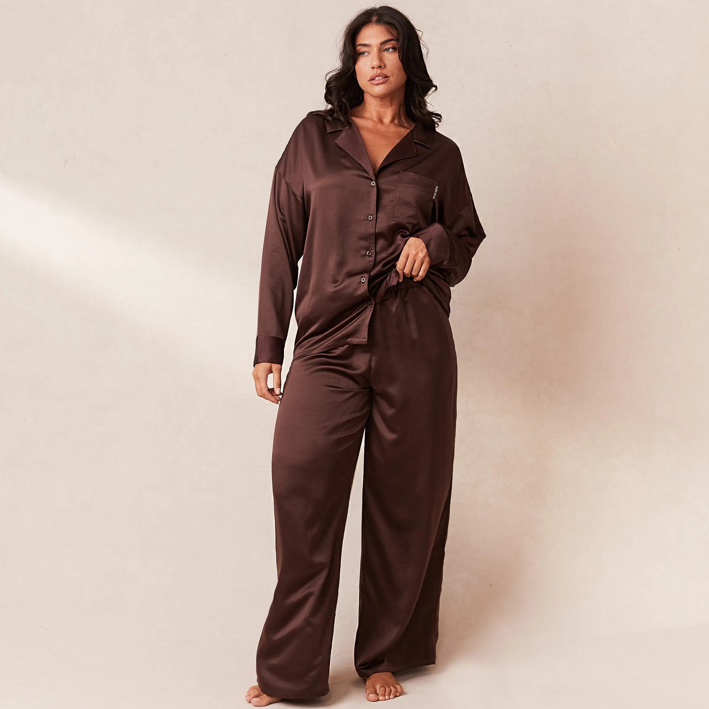 Classic Satin Pyjama Skjorte - Chokolade