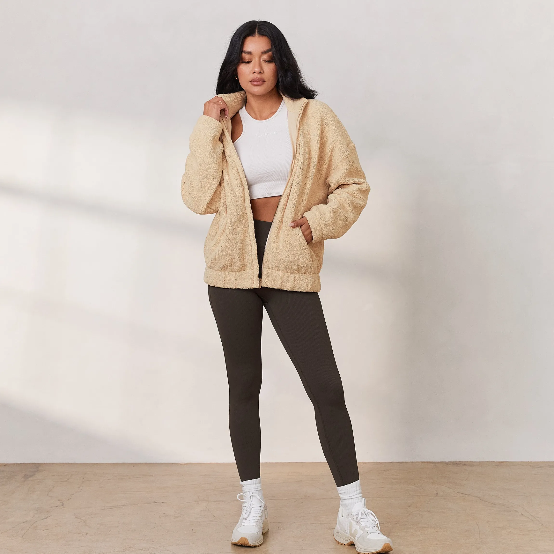 Cosy Fleecejakke med Lynlås - Creme
