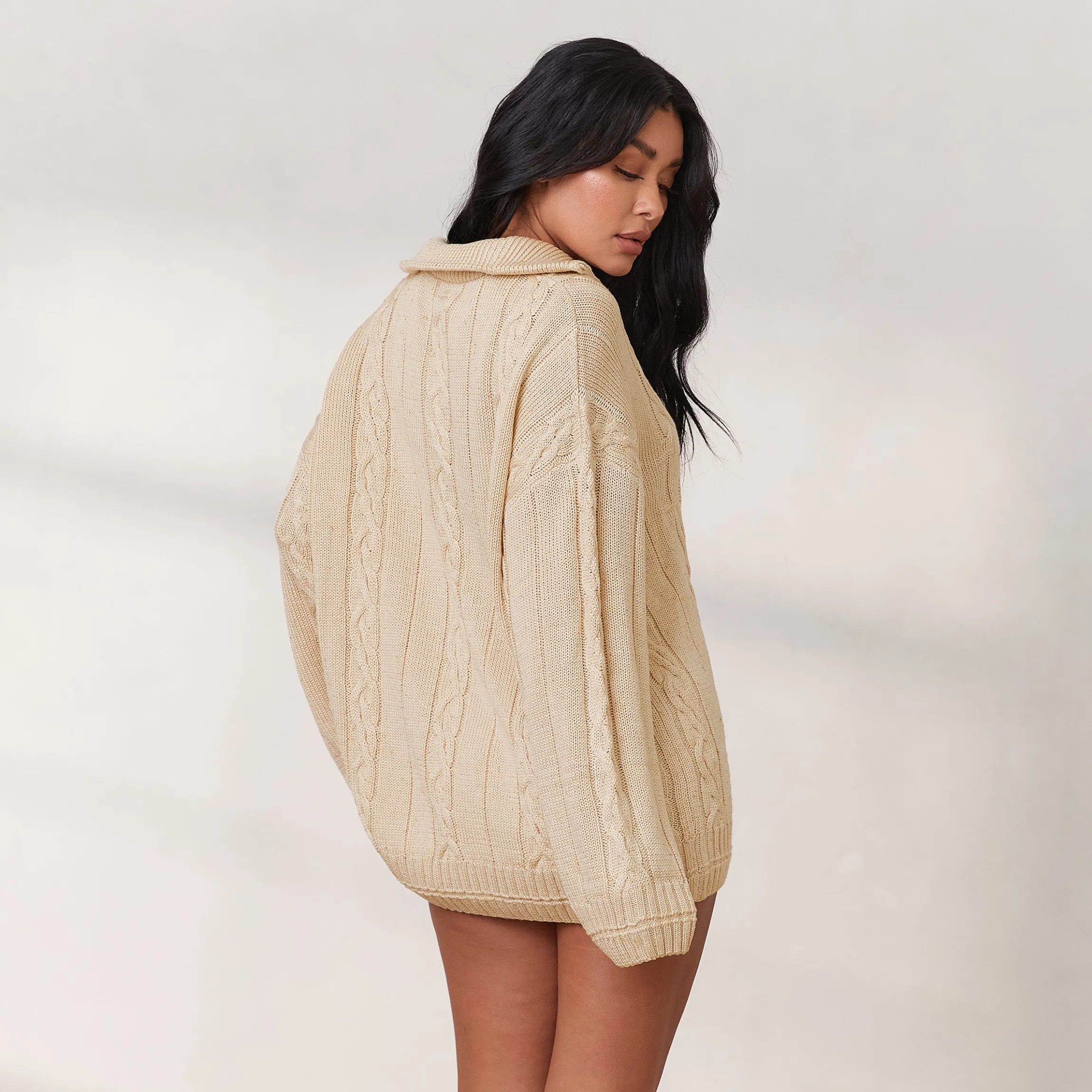 Cosy Strik-Trøje med Kvart Lynlås - Creme