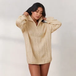 Cosy Strik-Trøje med Kvart Lynlås - Creme