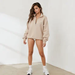 Essential Oversized Trøje med Kvart Lynlås - Sand