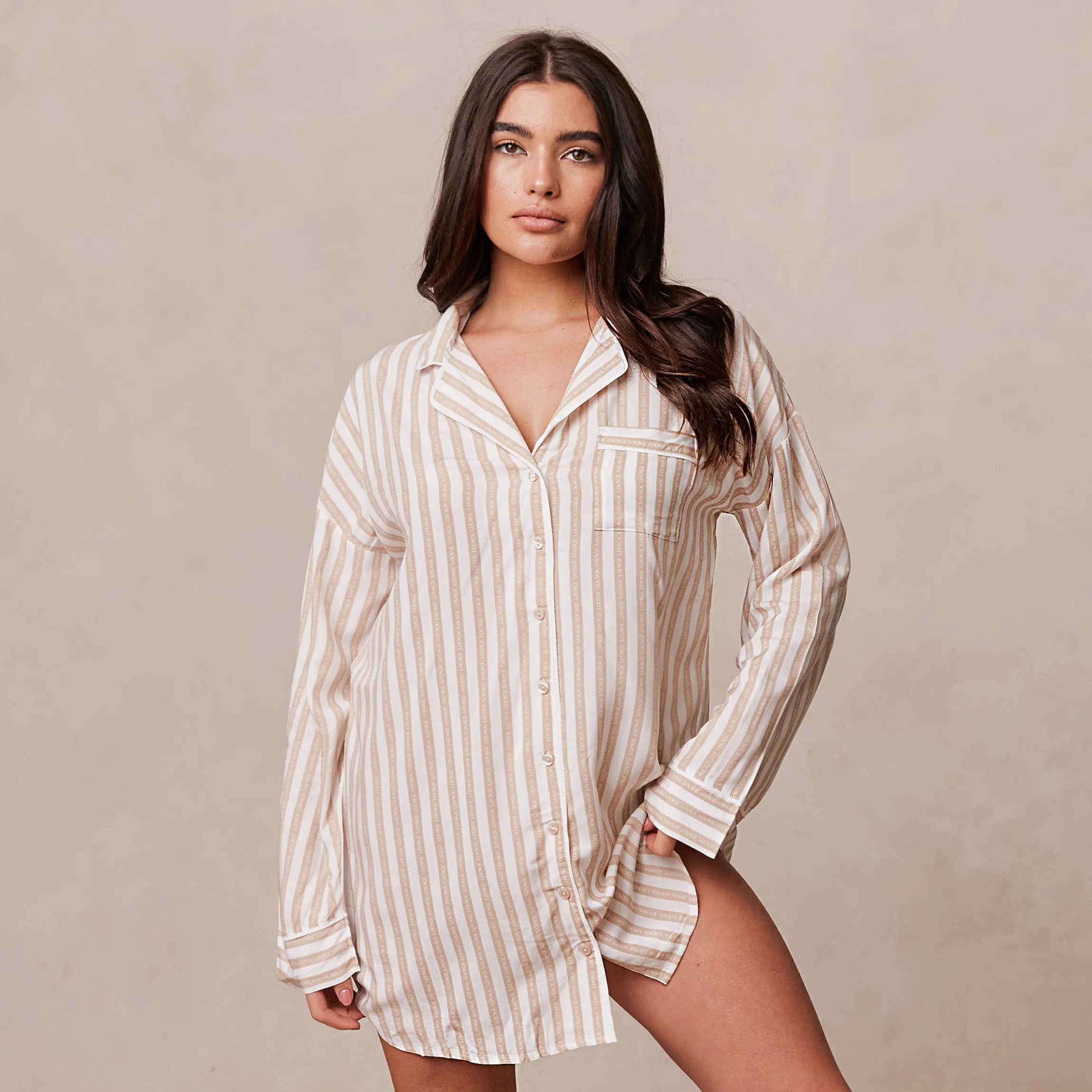 Pinstripe Oversized Pyjama Shirt - Mink