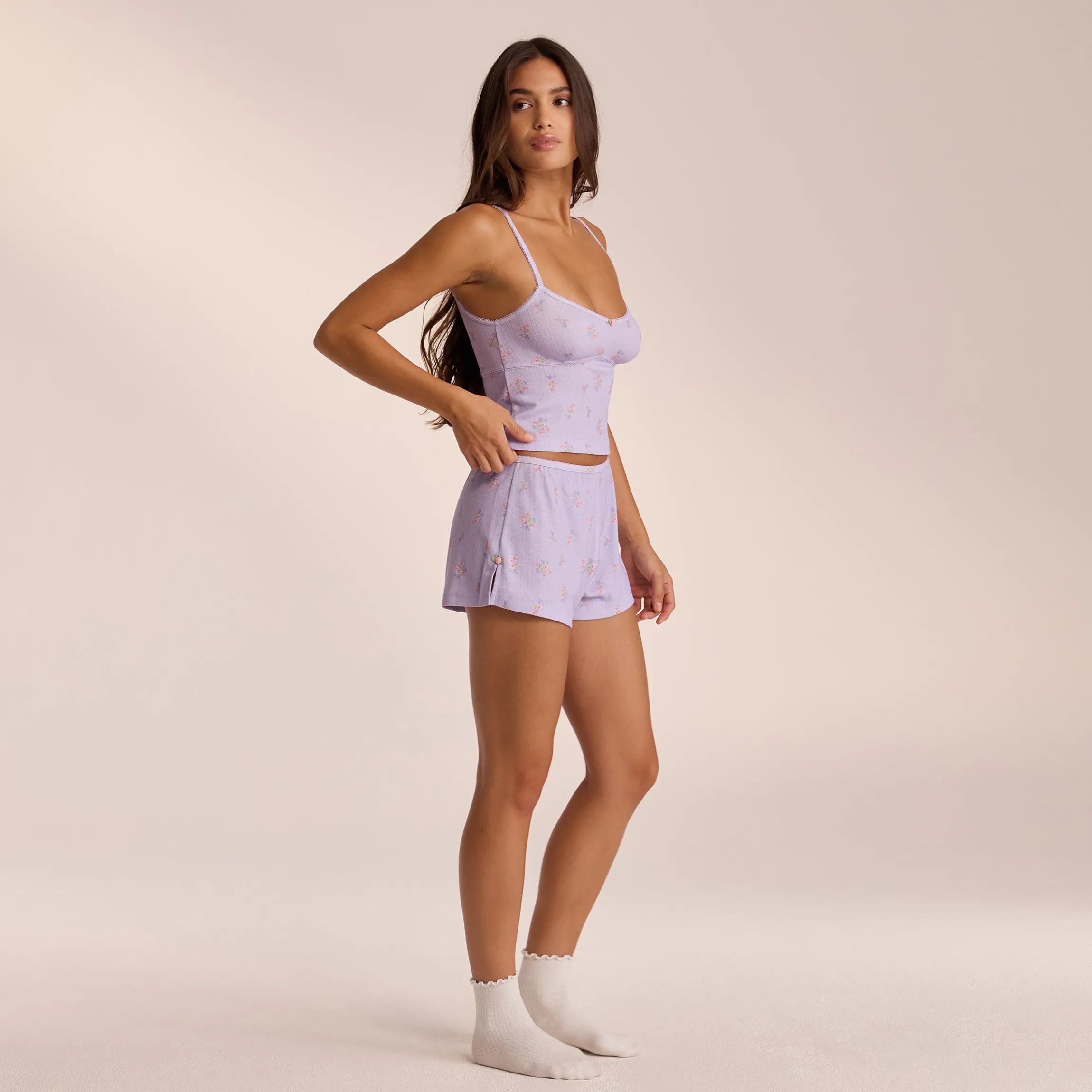 Pointelle Pyjamashorts - Lilla Blomsterprint