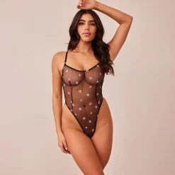 Sheer Floral Bodysuit - Sort