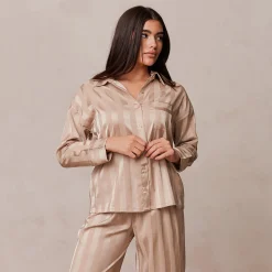 Striped Satin Pyjama Skjorte - Mink