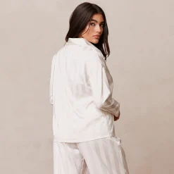 Striped Satin Pyjama Skjorte - Perle