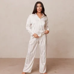 Striped Satin Pyjama Skjorte - Perle