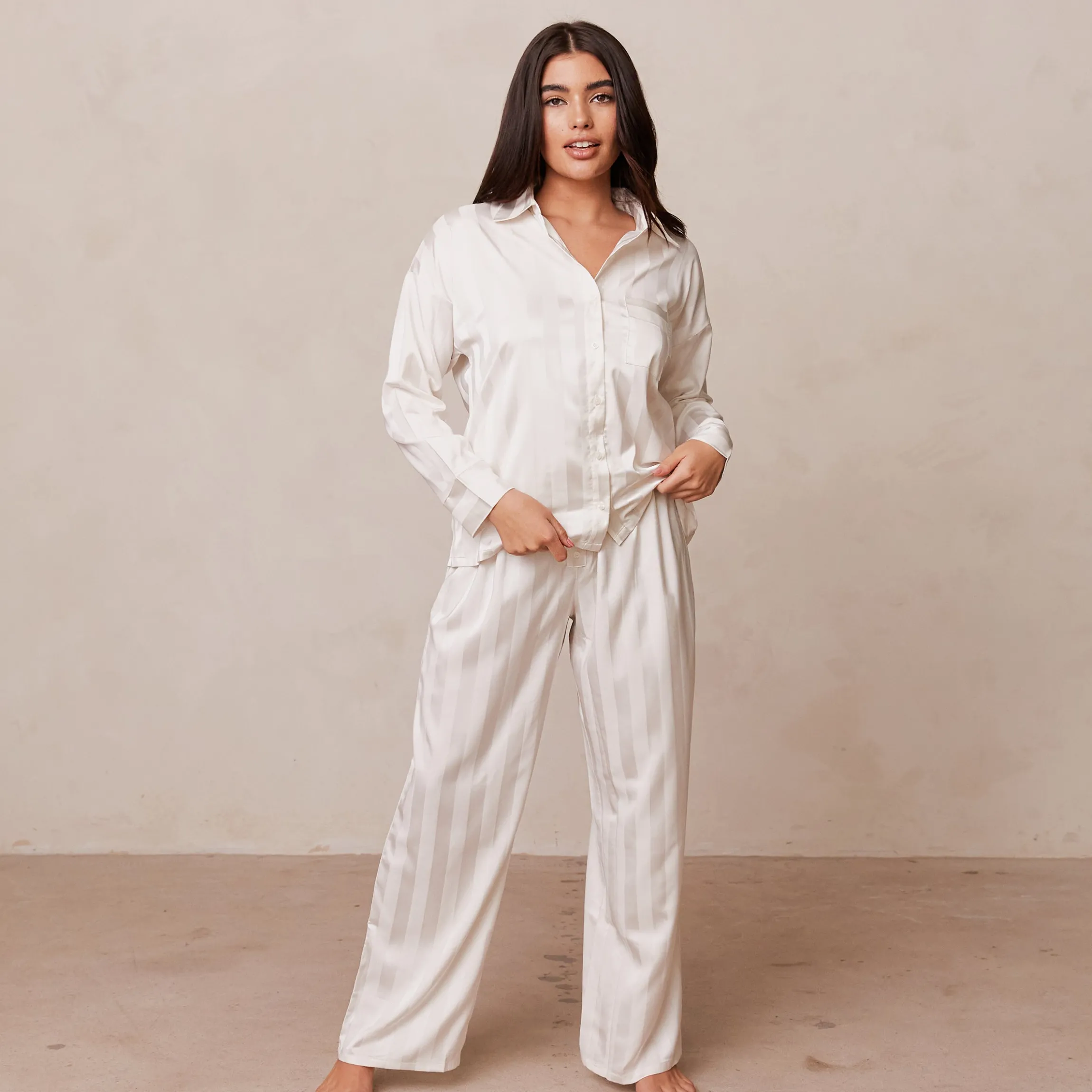 Striped Satin Pyjama Skjorte - Perle