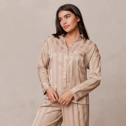 Striped Satin Pyjama Skjorte - Mink