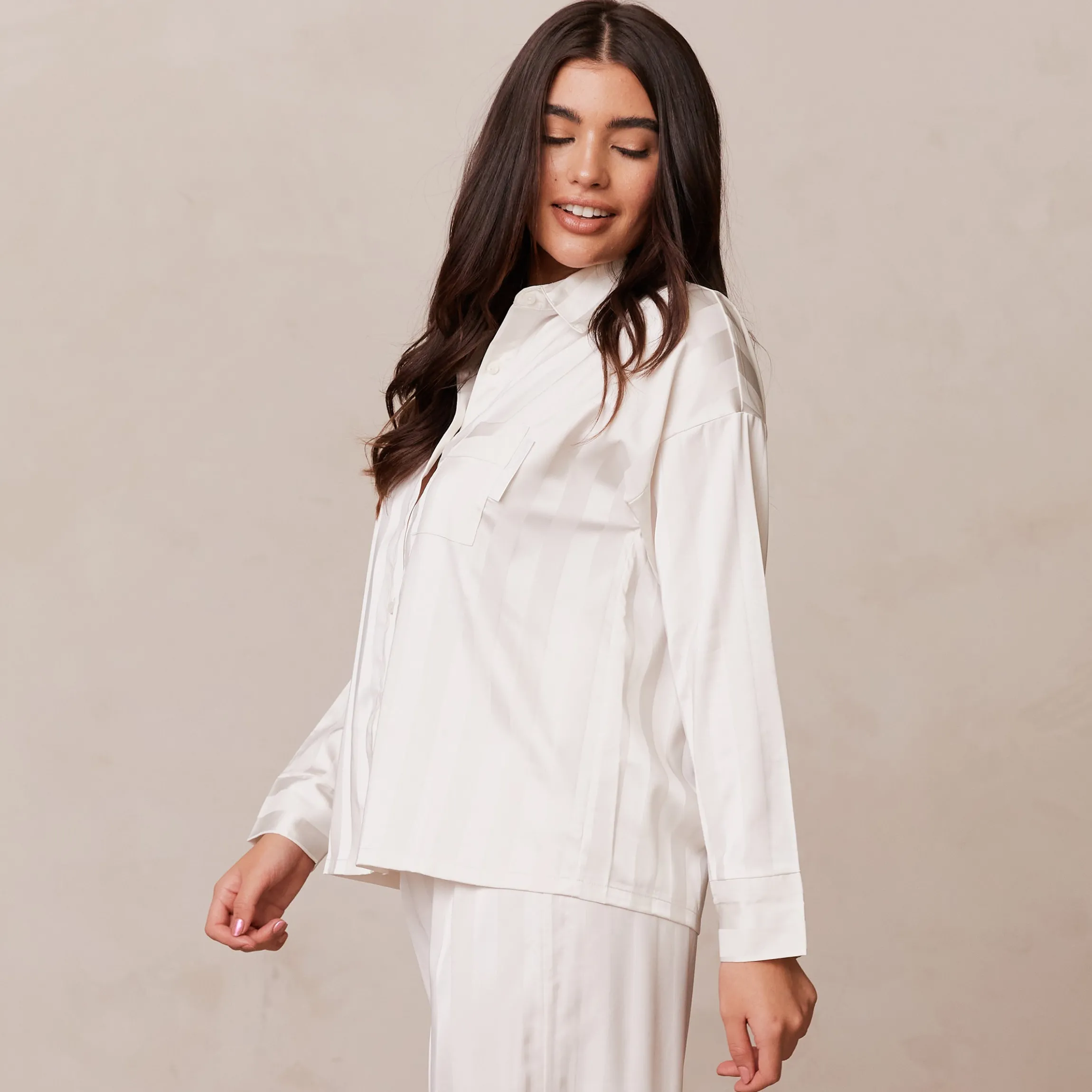 Striped Satin Pyjama Skjorte - Perle