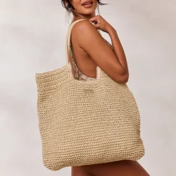 Tote Bag med Strå - Beige